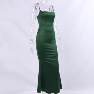 Detail of dark green satin fishtail dress featuring thin straps and structured bodice