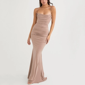 Elegant backless bodycon maxi dress with spaghetti straps and fishtail hem in dark camel