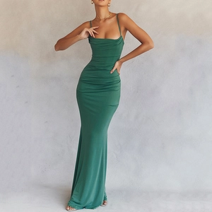 Elegant emerald green mermaid evening dress with thin straps and draped cowl neckline