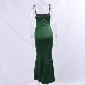 Detailed back view of a dark green satin fishtail dress with hidden zipper and open back
