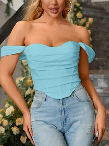 Detail of light blue corset top featuring ruched texture and elegant off-shoulder sleeves