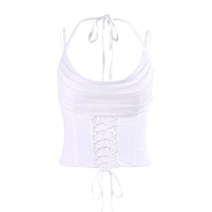Top corset blanc à col bénitier avec baleines et laçage croisé de style rétro vintage
