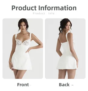 Front and back views of white satin slip dress with lace patchwork and drawstring