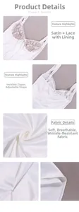 Detail of white satin dress featuring floral lace trim and delicate adjustable straps