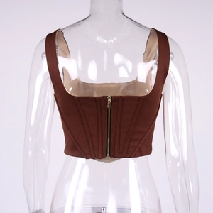 Detailed back view of a brown corset top featuring metal zipper and boning structure