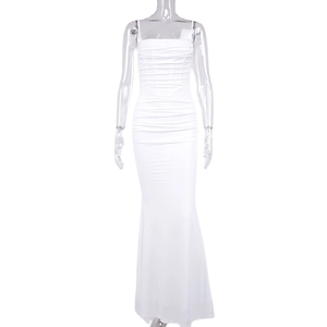 Elegant white ruched bodycon fish tail maxi dress with spaghetti straps for women