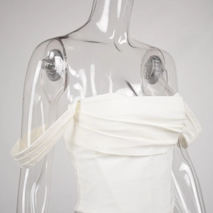White off-shoulder corset top with pleated layers and flattering slim fit for women