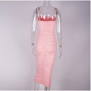 Close-up of pink ruched midi dress back with hidden zipper and delicate thin straps