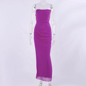 Detailed side view of purple off-shoulder evening dress with elegant ruching and high slit