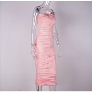 Detailed view of the pink ruched midi dress with spaghetti straps and bodycon fit