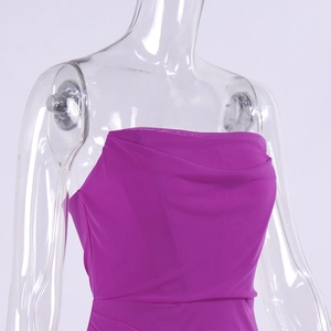 Detail of ruched magenta mesh bodice on a strapless off-shoulder evening dress