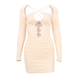 Miniabito beige a maniche lunghe con taglio a rete e dettagli in strass lucidi