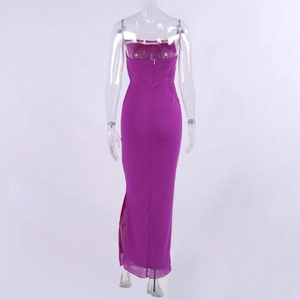 Detail view of purple off-shoulder evening dress with high side slit and slim fit