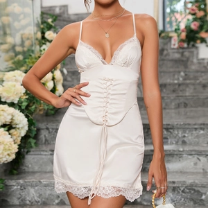 Satin V-neck mini dress with lace trim and corset-style lacing in cream white finish