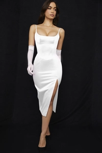 White satin slip dress with corset bodice high slit and sheer gloves detail shot