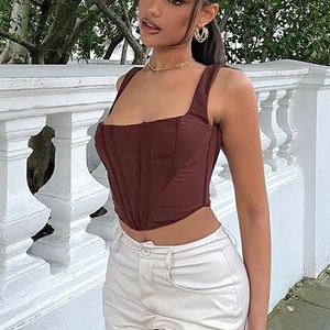 Brown corset crop top with fishbone structure and square neck for women's fashion