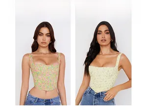 Close-up of floral corset tops with square neckline and wide straps in multiple colors