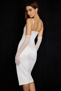 Detail of white satin midi dress featuring a low back design and invisible back zipper
