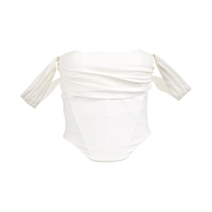 White off-shoulder corset top with pleated front and elegant draped sleeves