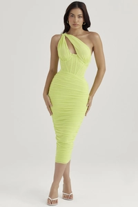 Detail of neon green one shoulder corset dress with fishbone mesh and ruching