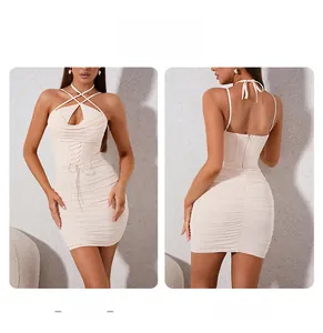 Front and back details of a beige halter mesh corset dress with ruched bodycon design