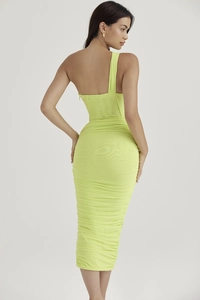 Detail of neon green ruched midi dress showing off-shoulder cut and ribbed mesh texture