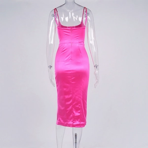 Detailed back view of a fuchsia satin midi dress with hidden zipper and slim straps