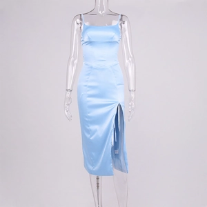 Detail of light blue satin dress featuring corset bodice and high side slit design
