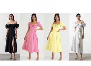 Display multicolore di abiti francesi con maniche a sbuffo in nero, rosa e bianco