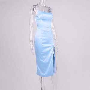 Detail view of light blue satin midi dress featuring a corset bodice and high side slit