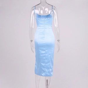 Back view of light blue satin midi dress featuring thin straps and invisible zipper
