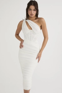 Detail of white mesh dress featuring corset-style boning and delicate draped pleats