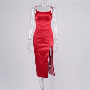 Detail of red satin dress featuring thin straps, square neckline and high side slit