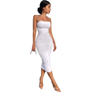 Elegant white ruched midi dress with spaghetti straps and a bodycon slim fit style