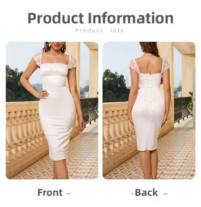 Detailed front and back views of white square neck satin dress with lace sleeves