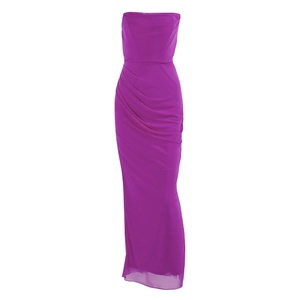 Elegant purple strapless evening dress with draped chiffon layers and high side slit
