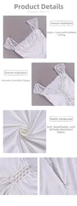 Detail view of white satin dress featuring lace straps, ruching, and back lace-up closure