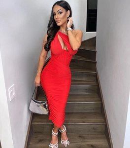 Detail of red mesh bodycon dress with ruching, cutout shoulder, and fisheye bodice support