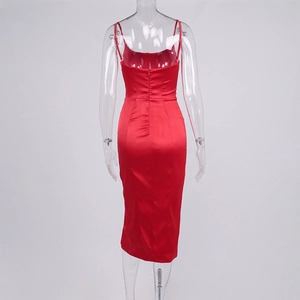 Detailed back view of red satin midi dress showing slim fit and invisible zipper closure
