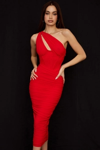 Detail of red one-shoulder midi dress with corset-style fishbone and ruched mesh fabric