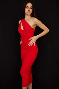 Detail of red one-shoulder mesh dress featuring bodycon ruching and corset boning