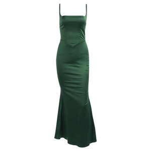Elegant emerald green satin mermaid maxi dress with spaghetti straps and corset bodice