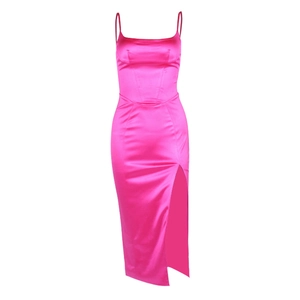 Hot pink satin cami dress with corset seam detail and side high slit design