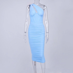 Detail view of sky blue one shoulder corset dress with ruched bodycon fabric