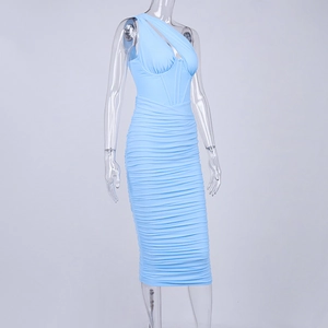 Detail of light blue mesh dress featuring ruched fabric and corset-style boning structure
