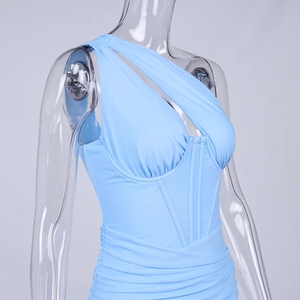 Light blue one-shoulder ruched mesh dress with corset bodice and bodycon fit for parties