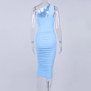 Detail view of the ruched back design on this light blue one-shoulder slim-fit midi dress