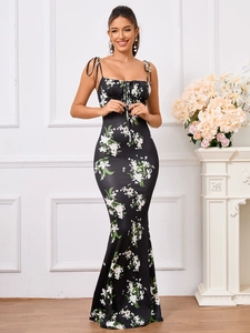 Detail of floral backless fishtail dress with adjustable drawstring ruched bust