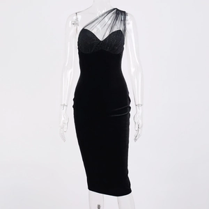 Elegant one-shoulder black velvet midi dress with sheer mesh insert and bodycon fit
