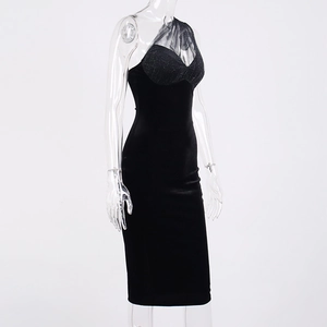 Detail of one-shoulder sequin mesh stitching and black velvet fabric on bodycon dress